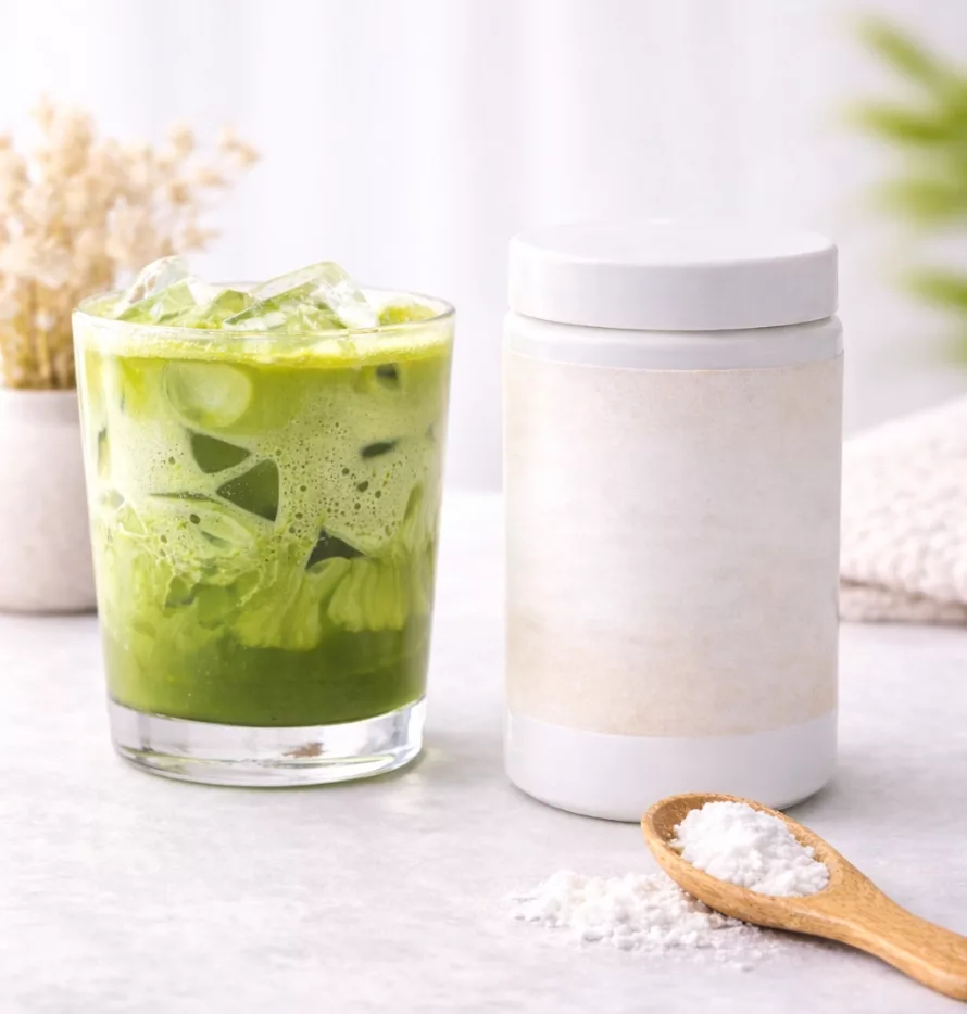 Taurin Pulver in neutraler Dose mit Löffel, minimalistisch und hochwertig