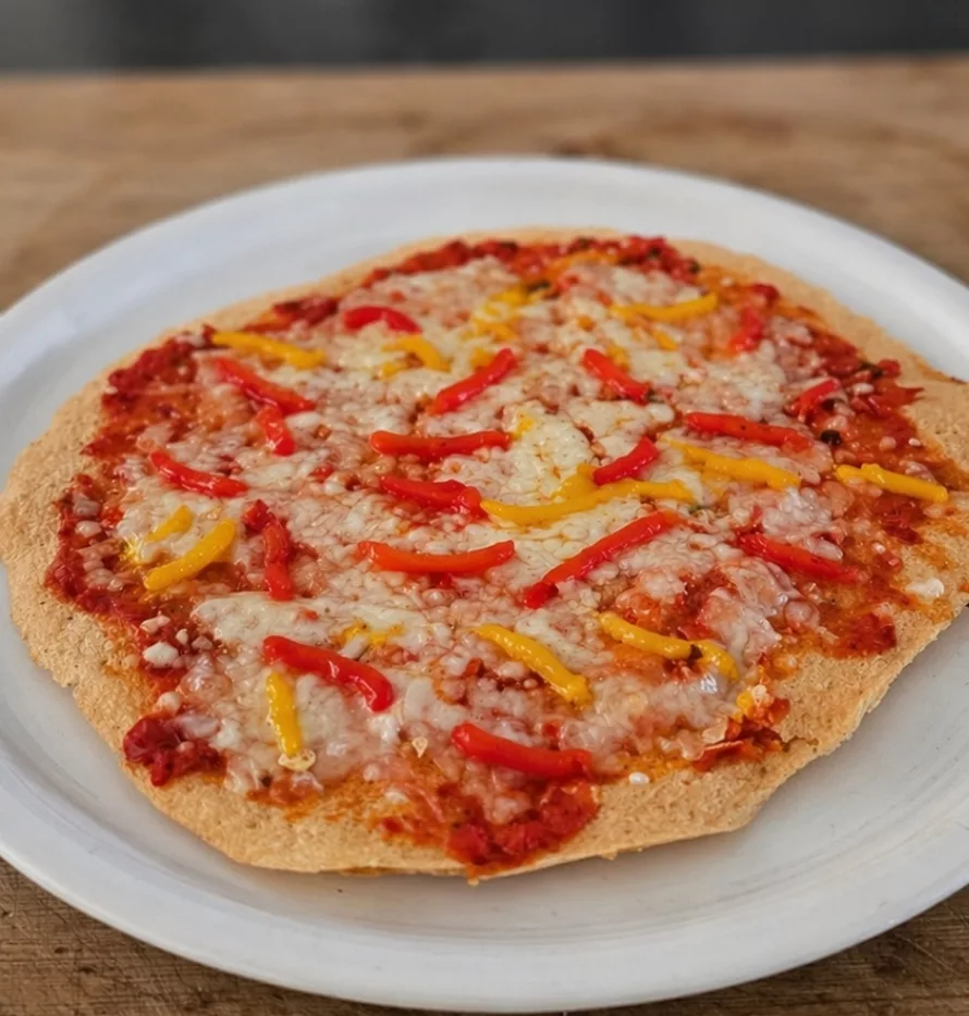 Protein Linsenpizza mit Paprika, Ayvar und geschmolzenem Käse, gesund und hormonfreundlich