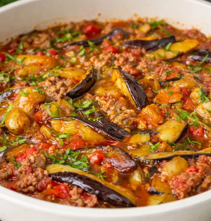 Hormonfreundliche Auberginen-Pfanne mit Hackfleisch, Tomaten und frischen Kräutern