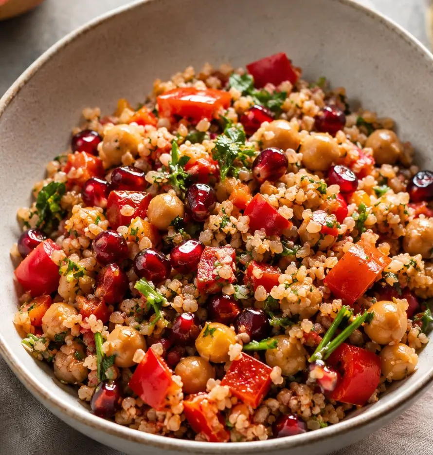 Buchweizen-Bulgur-Salat mit Kichererbsen, Paprika, Cocktailtomaten und Granatapfel